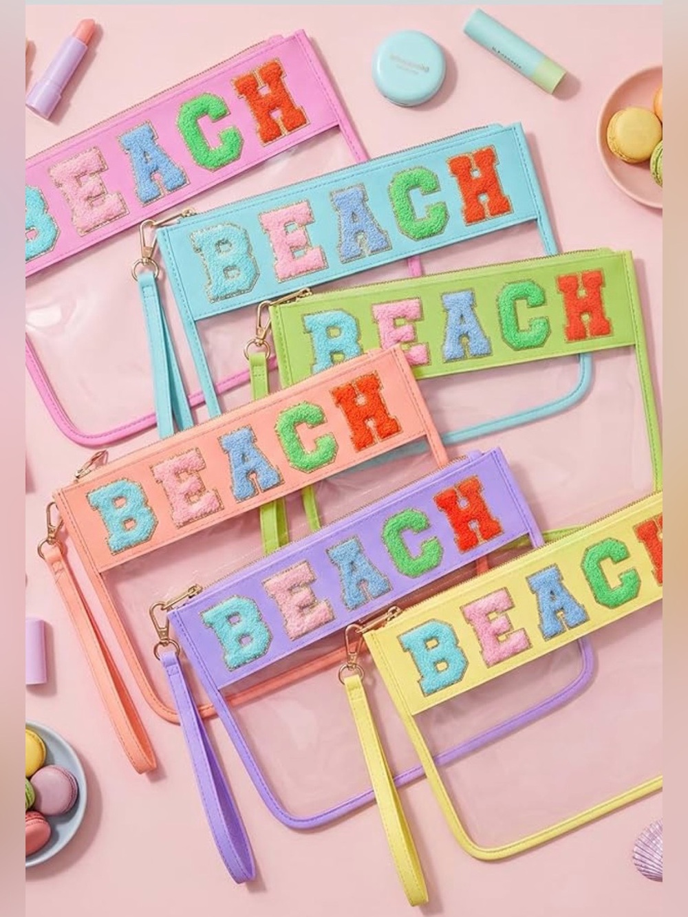 Kacctyen 6 Pcs Multi Colored Beach Clear Bags Chenille Letters